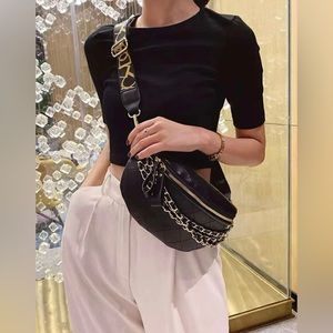 Leather waisted hand bag quilted chain waist bag